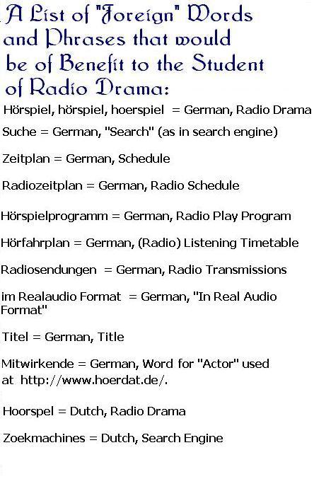 A list of "Foreign" words and phrases that would be of benefit to the student of radio drama.  See the text below this picture for the same text as text