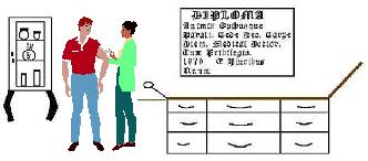my drawing of a doctor's office with Window's clip art people inserted. A nurse giving a guy a injection.