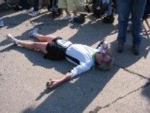 At the Race for the Cure.  They poured water into my cousin's mouth as she lay in the street.  She was running and she had more to go.